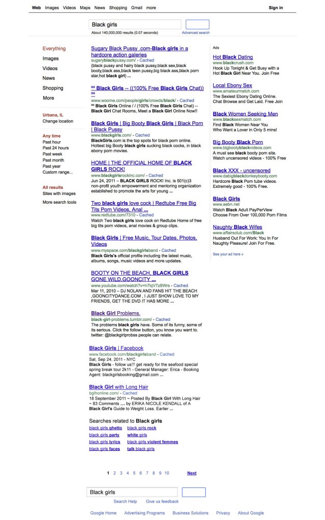 Figure 2. Search on the keywords Black Girls on September 18, 2011