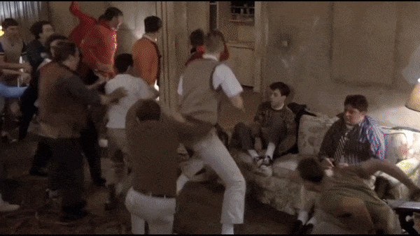 Gif that intercuts between shots of rowdy people bursting into house parties from several teen movies